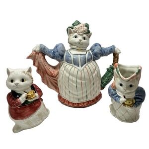 Fitz & Floyd Ceramic Kittens of Nightsbridge Cat Teapot  Vintage 1988 Set